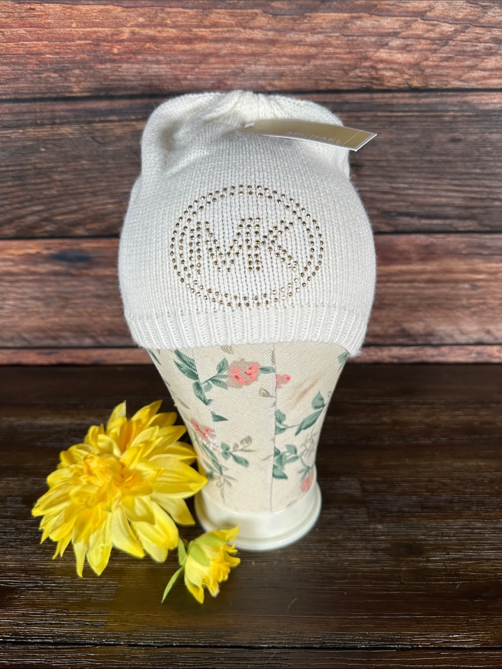 NWT! Michael Kors Cream Gold Crystal MK Logo Beanie